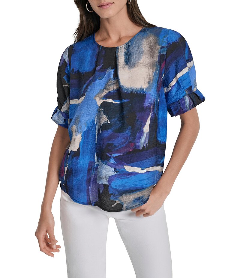 ダナキャラン レディース トップス シャツ クルーネック プリント ブラウス DKNY by Donna Karan Brush..