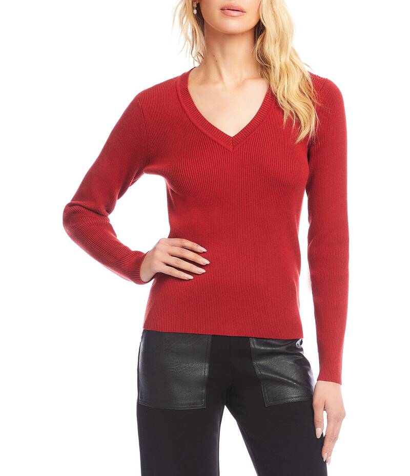 カレンケーン レディース アウター ニット・セーター Vネック リブ ニット Karen Kane Ribbed Knit V-N..