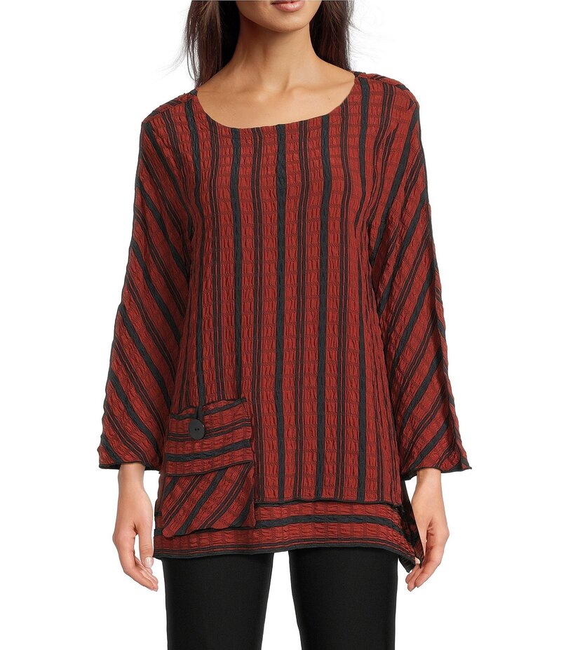 アリ マイルス レディース トップス シャツ Ali Miles Textured Yarn-Dye Woven Stripe Round Neck 3/4..
