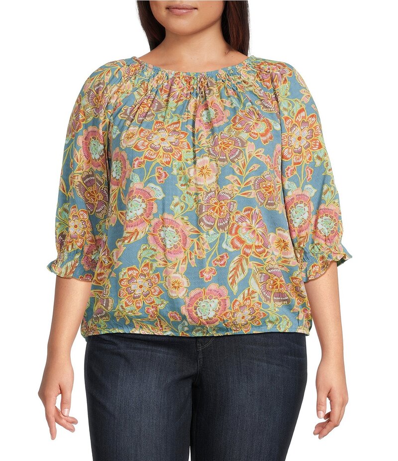 デモクラシー レディース トップス シャツ プラスサイズ プリント シャーリング Democracy Plus Size Woven Novelty Print Scoop Neck Elbow Blouson Sleeve Smocked Bubble Hem Top Nile Blue Multi ブルー(4)