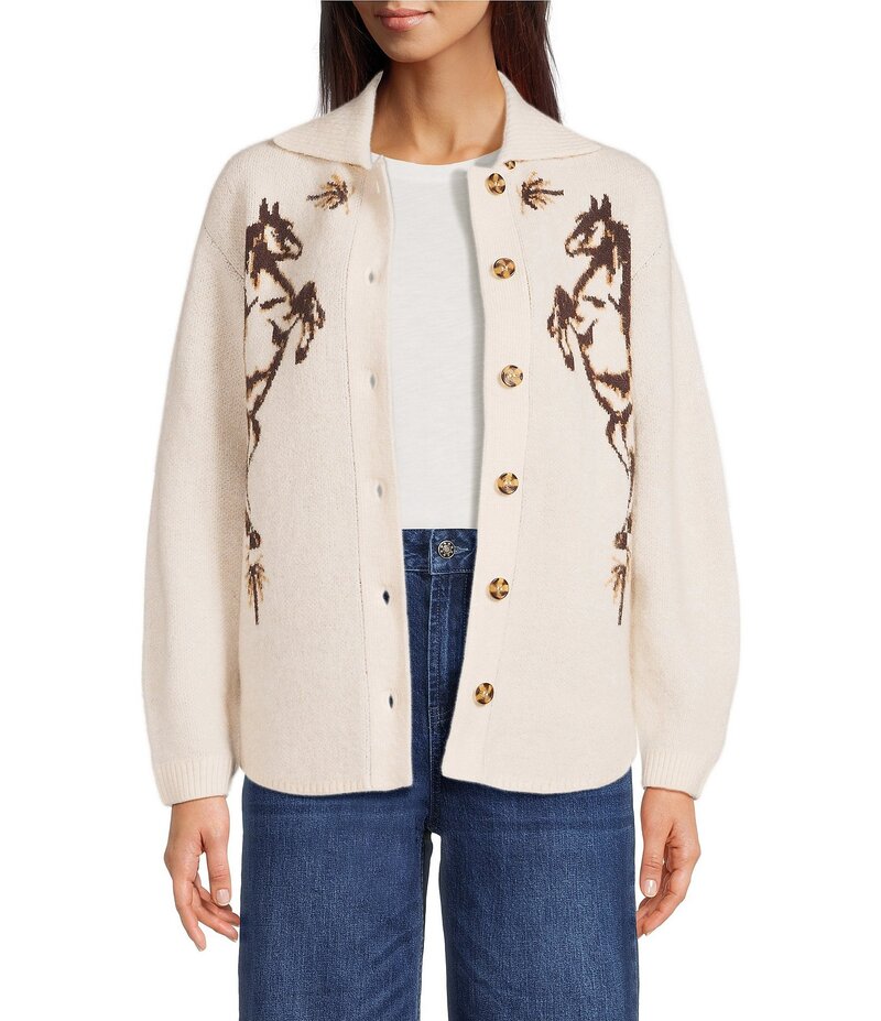 レバ レディース アウター ニット・セーター カーディガン ニット Reba Knit Jacquard Horse Point Col..