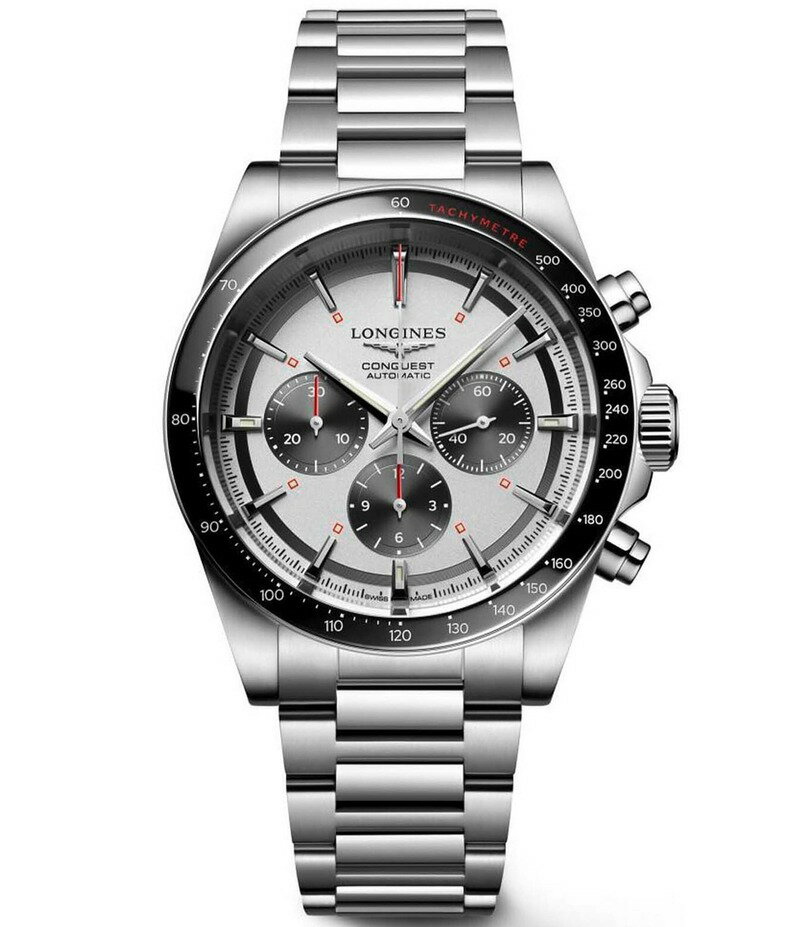 ロンジン レディース アクセサリー 腕時計 Tシャツ Longines Men's Conquest Chronograph Automatic Stainless Steel Bracelet Watch Silver シルバー