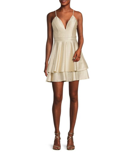 【送料無料】 ハニーアンドロージー レディース ワンピース トップス V-Neck Double Hem Fit & Flare Glitter Dress Ivory Gold 【送料無料】 ハニーアンドロージー レディース ワンピース トップス V-Neck Double Hem Fit & Flare Glitter Dress Ivory Gold