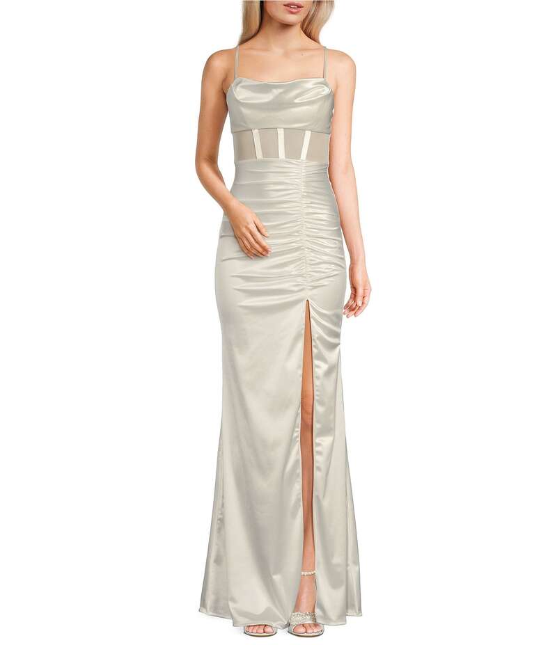 【送料無料】 ハニーアンドロージー レディース ワンピース トップス Sweetheart Drape Neck Illusion Mesh Corset Front Slit Long Dress Ivory
