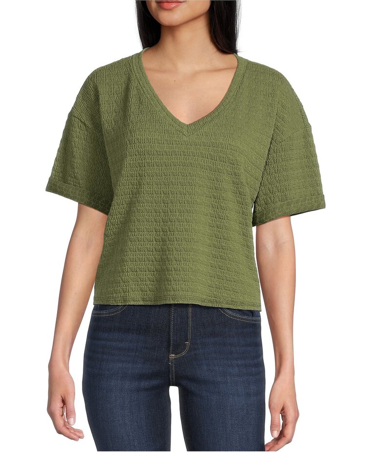 モアモア レディース トップス Tシャツ Vネック クロップド Moa Moa Striped V-Neck Short Sleeve Cropped Top LT Olive オリーブ(4)