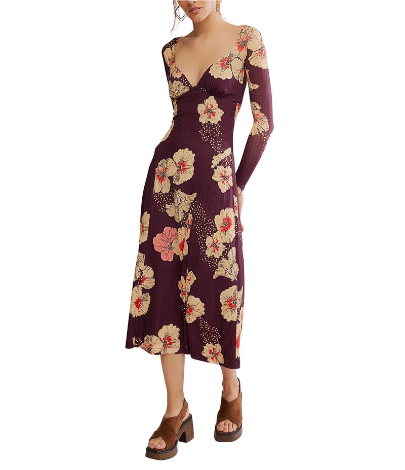 【送料無料】 フリーピープル レディース ワンピース トップス Calla Floral Print Sweetheart Neckline Long Sleeve Midi Dress Plum Combo