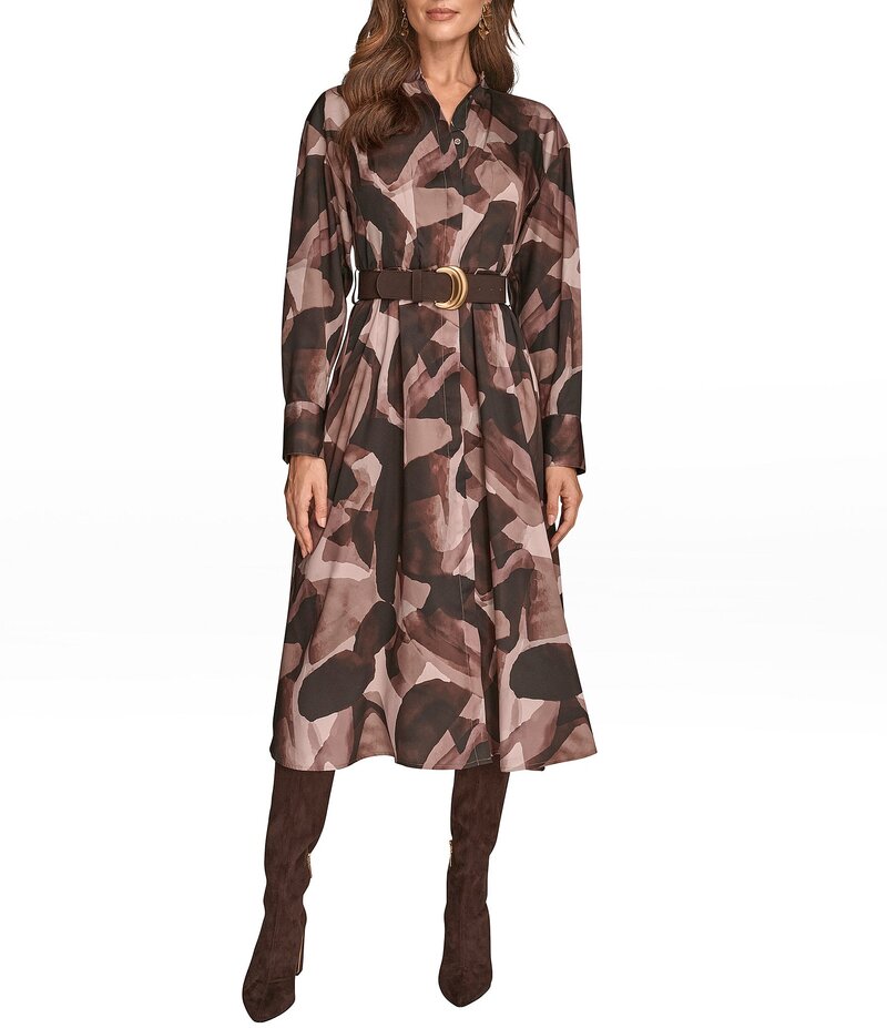 ダナキャラン レディース トップス ワンピース シャツワンピース クルーネック ミディ シャツ Donna Karan Twill Crew Neck Long Sleeve Belted Midi Shirt Dress Nolita Multi マルチカラー(4)