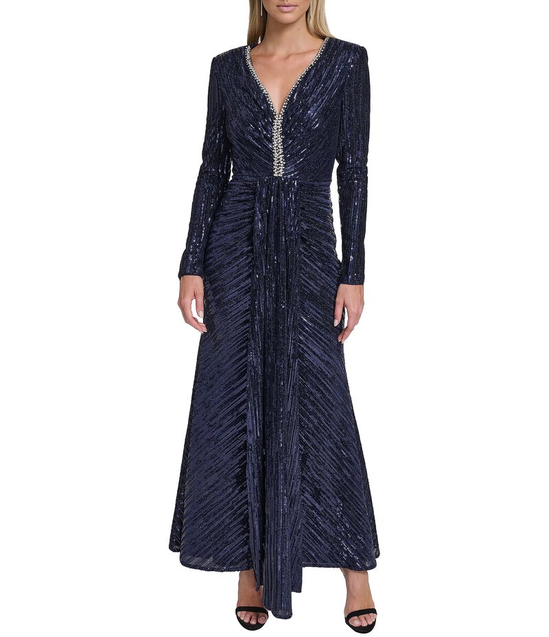 【送料無料】 エリザジェイ レディース ワンピース トップス Sequin Long Sleeve Center Front Skirt Sash Gown Navy