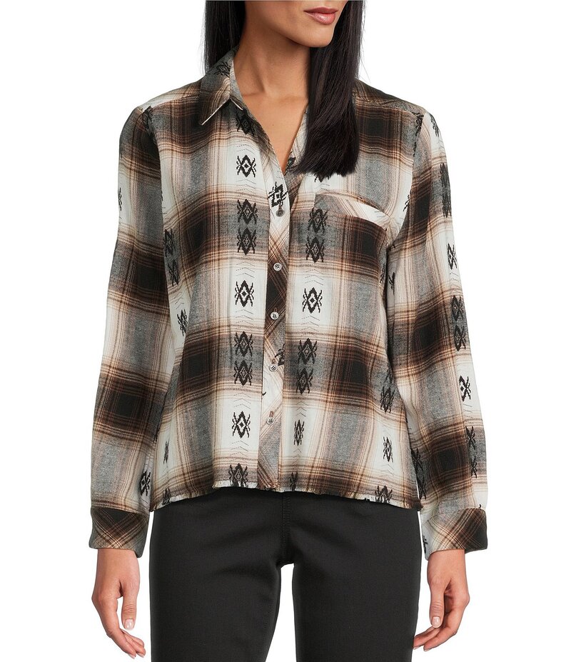 ウエストバウンド レディース トップス シャツ プチ Westbound Petite Long Sleeve Y-Neck Button Front Top Mocha Plaid モカ(4)