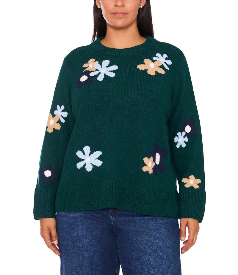 セセ レディース アウター ニット・セーター クルーネック フラワー柄 プラスサイズ セーター フラワー..