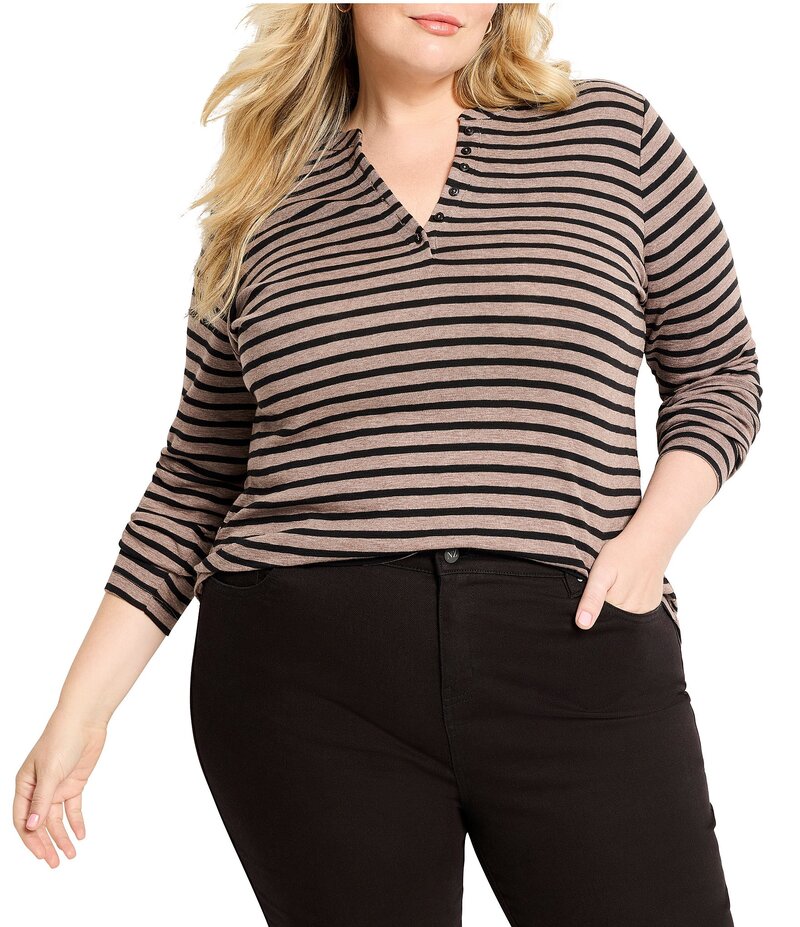 ニックアンドゾー レディース トップス シャツ Vネック プラスサイズ Tシャツ NIC + ZOE Plus Striped Henley V-Neck Long Sleeve Tee Brown Multi ブラウン