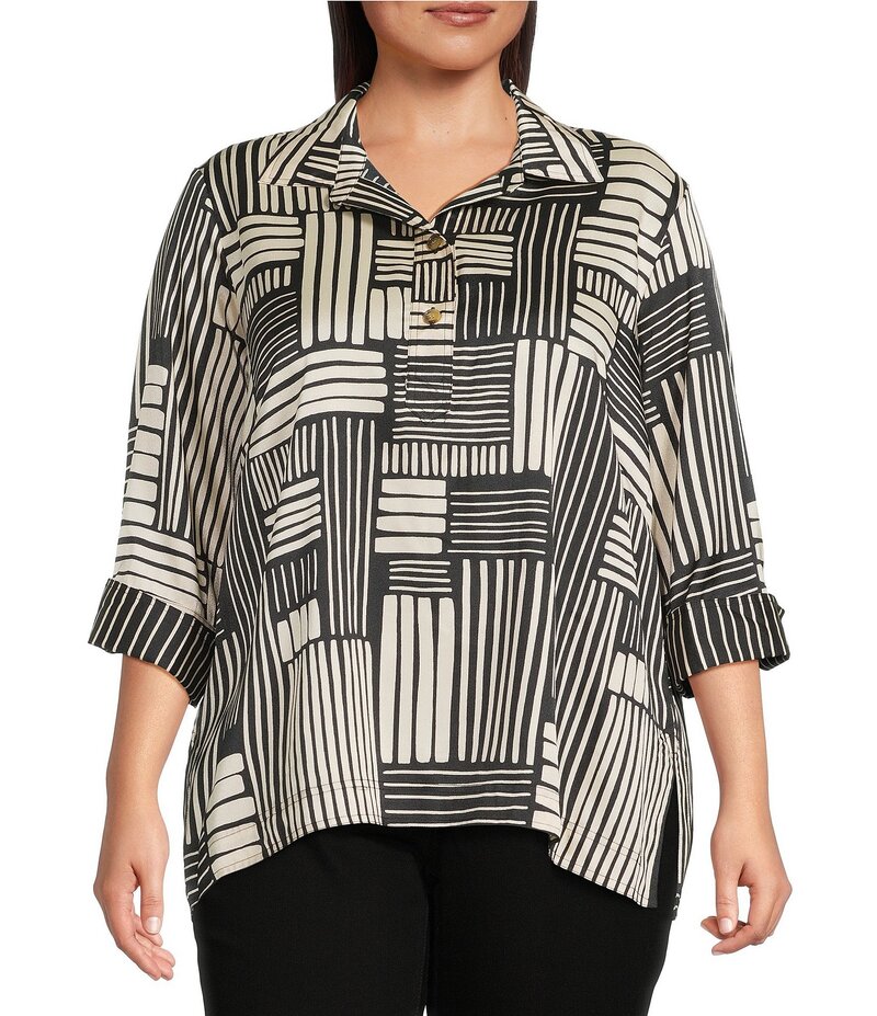 【送料無料】 アリ マイルス レディース シャツ トップス Plus Size Woven Abstract Stripe Square Print Point Collar 3/4 Cuff Sleeve Tunic Black/Ivory