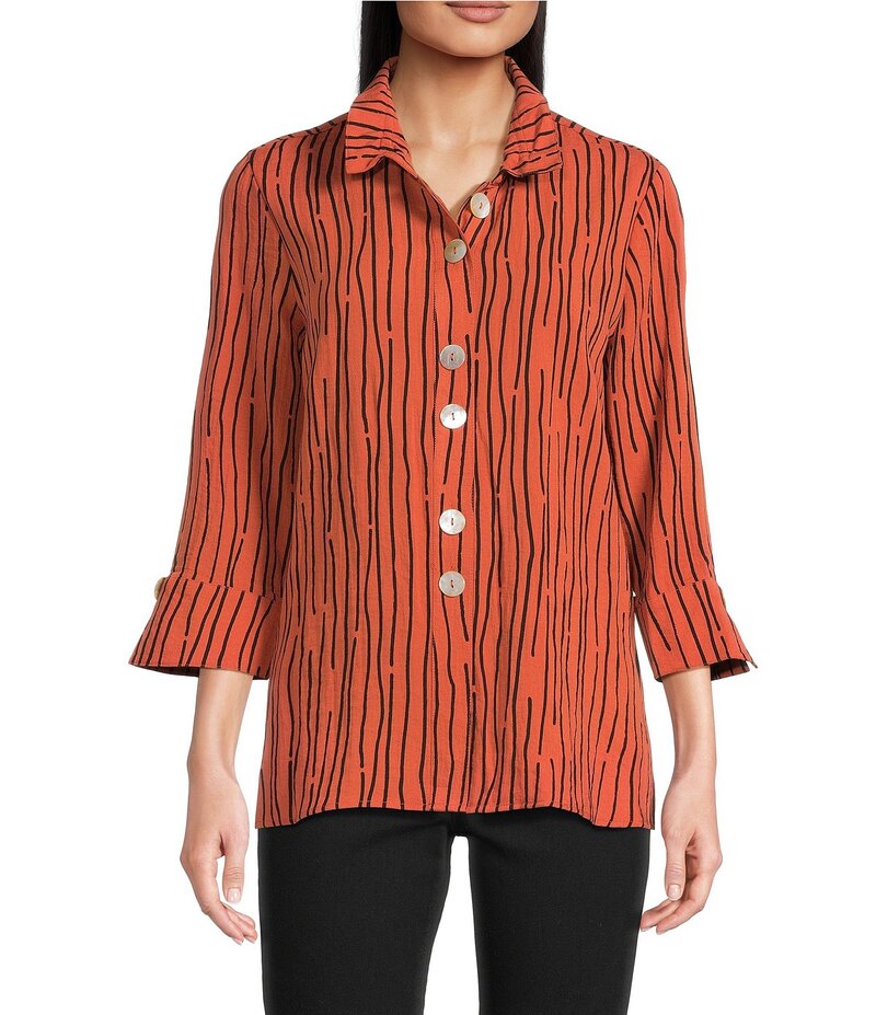 アリ マイルス レディース トップス シャツ Ali Miles Crinkle Woven Abstract Stripe Wire Collar 3/4..