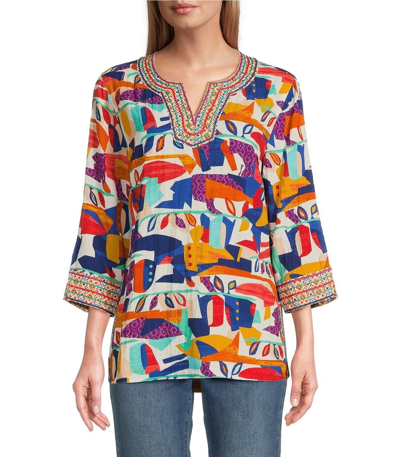 ReVida ŷԾŹ㤨֥ ޡ ǥ ȥåץ  Vͥå ץ ɽ John Mark Geometric Abstract Print Embroidered Split V-Neck 3/4 Sleeve Tunic Geometric Multicolor ޥ顼פβǤʤ35,800ߤˤʤޤ