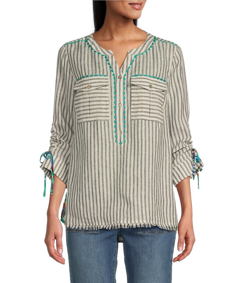 ジョン マーク レディース トップス シャツ 刺繍 John Mark Stripe Embroidered Banded Collar Chest Pocket 3/4 Sleeve Tunic Multi マルチカラー