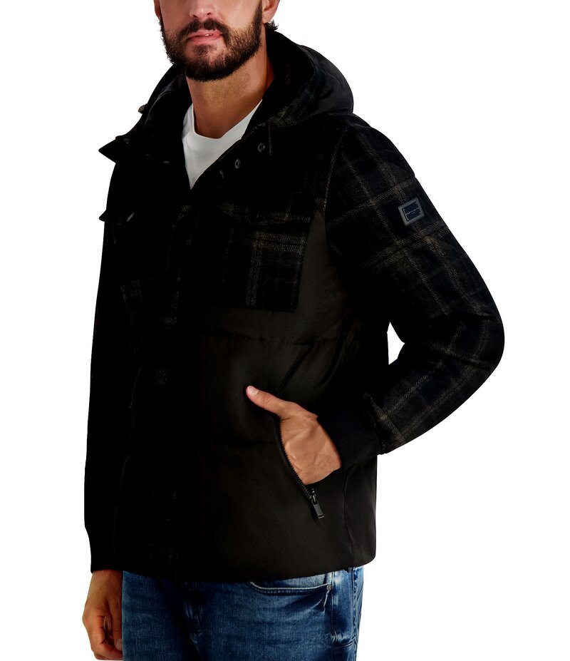 カール ラガーフェルド メンズ アウター ジャケット・ブルゾン フーデッドジャケット ジャケット KARL LAGERFELD PARIS Mixed Media Puffer Hooded Jacket Black Combo ブラック