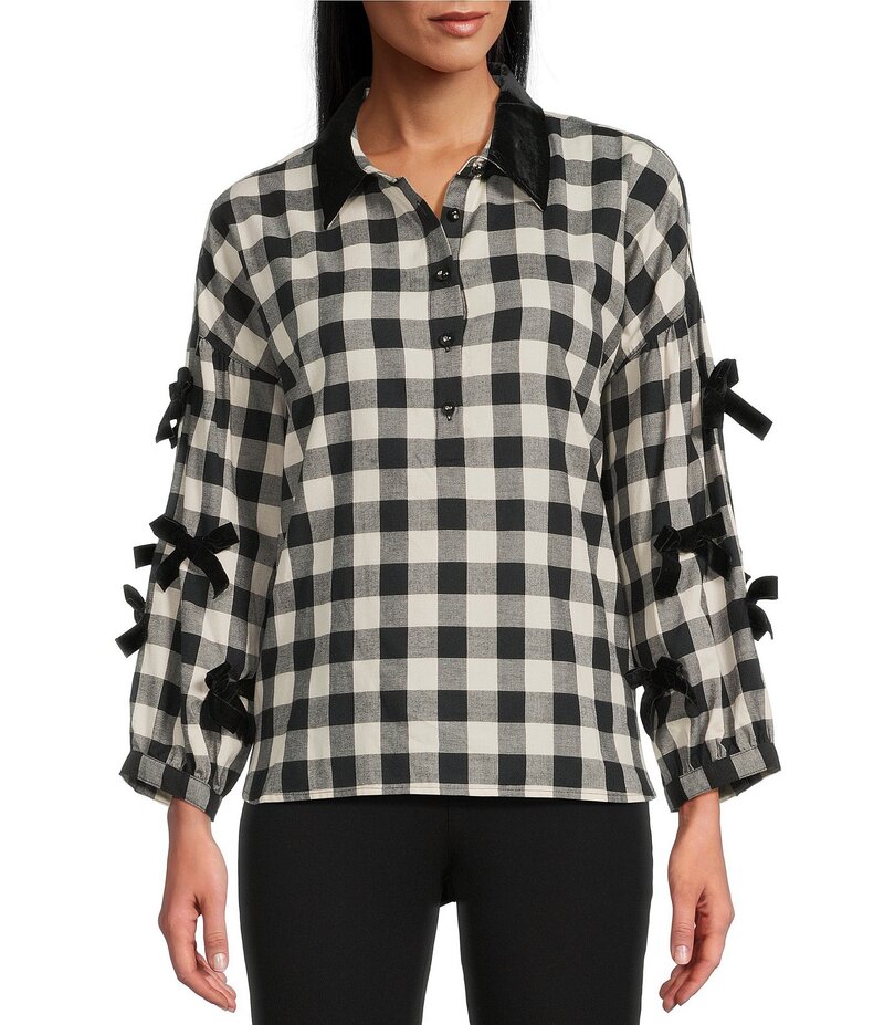 ジョン マーク レディース トップス シャツ プチ ベルベット John Mark Petite Size Woven Plaid Velvet Bow Point Collar Long Sleeve Button Front Shirt Black ブラック(4)