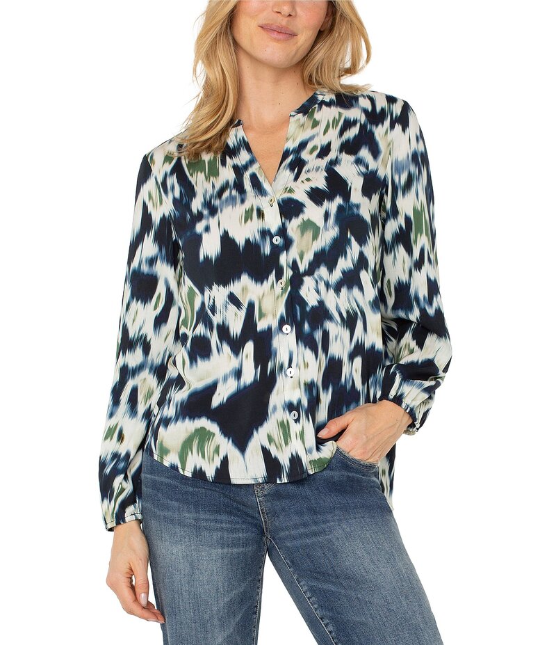 リヴァプール ロサンゼルス レディース トップス シャツ Vネック プリント ブラウス Liverpool Los Angeles Woven Ikat Print V-Neck Long Sleeve Blouse Navy Multi Ikat ネイビー(4)