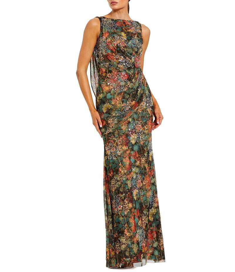 �ޥå������� ��ǥ����� �ȥåץ� ���ԡ��� �ϥ��ͥå� �ץ��� ��å��� Mac Duggal High Neck Printed Mesh Cowl B...