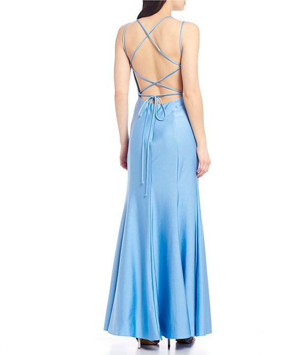 モルガン レディース ワンピース トップス Gia Spaghetti Strap Lace-Up Back Power Sateen Sheath Long Dress Blue