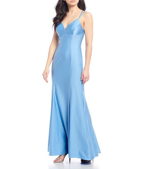 モルガン レディース ワンピース トップス Gia Spaghetti Strap Lace-Up Back Power Sateen Sheath Long Dress Blue