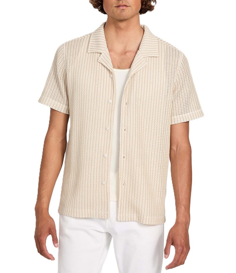 ゲス メンズ トップス シャツ ニット Guess Larson Short Sleeve Striped Knit Shirt Beige/Blanco Mul..