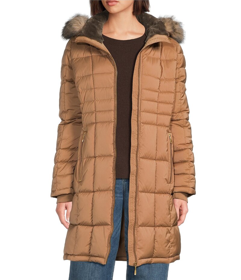 ダナキャラン レディース アウター コート Donna Karan Faux Fur Trim Hooded Neck Zip Front Walker Puffer Coat Antique Gold ゴールド