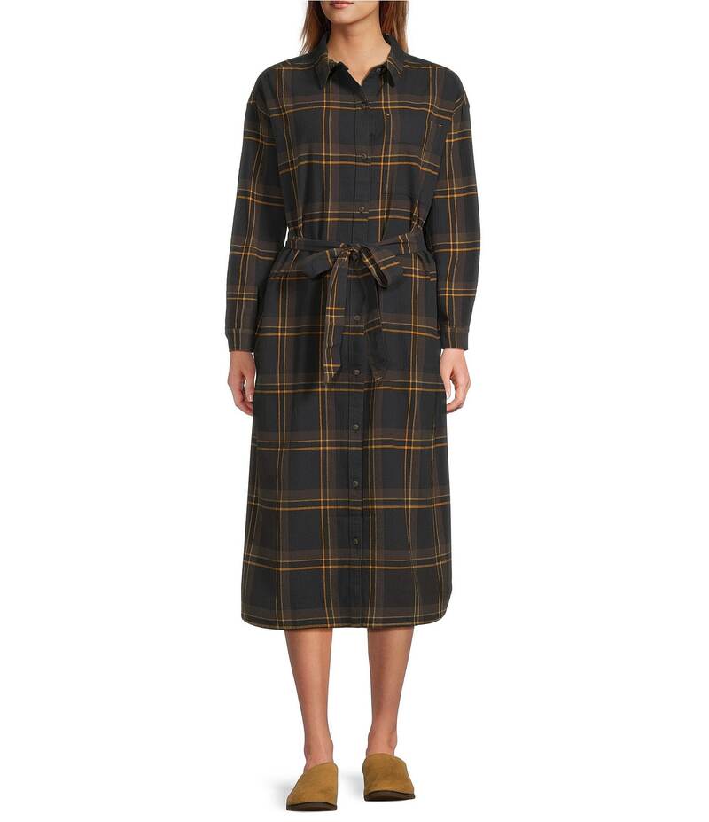 エルエルビーン レディース トップス ワンピース ミディ L.L.Bean Signature Camp Soft Flannel Plaid Belted Button Front Midi Dress Black Slate Plaid ブラック