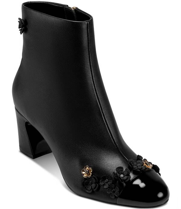 カール ラガーフェルド レディース シューズ ブーツ・レインブーツ レザー ヒール KARLAGERFELD PARIS Dalyn Fleur Leather Ornamented Block Heel Booties Black ブラック