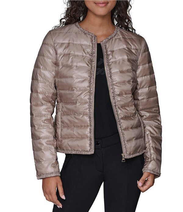 カール ラガーフェルド レディース アウター ジャケット・ブルゾン フリル KARLAGERFELD PARISolid Ruffle Collarless Wateresistant Zip Front Puffer Jacket Sand サンド