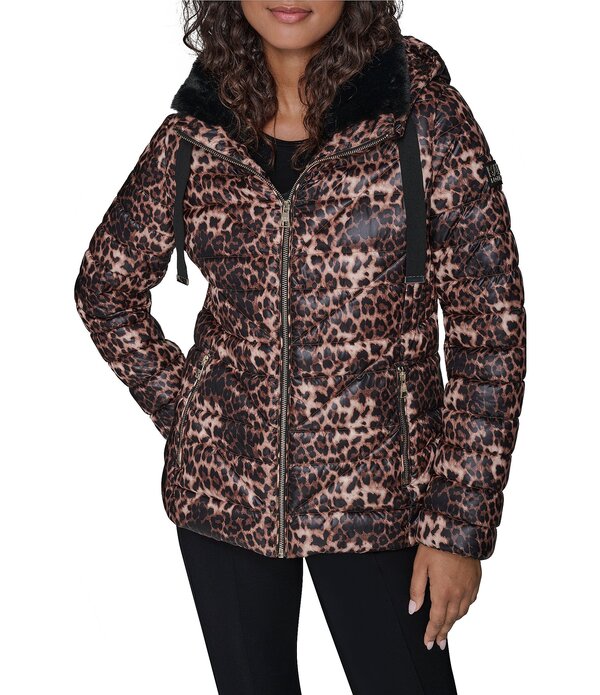 カール ラガーフェルド レディース アウター コート プリント ジャケット KARLAGERFELD PARIS Leopard Print Stand Collar Hooded Zip Front Puffer Jacket Leopard アニマル