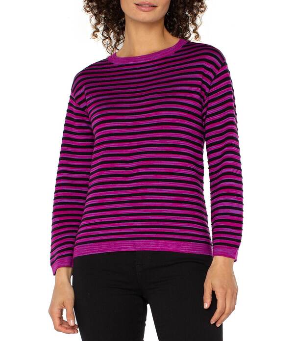楽天ReVida 楽天市場店リヴァプール ロサンゼルス レディース アウター ニット・セーター プチ Liverpoolos Angeles Petite Size Space-Dye Stripe Boat Neck Long Sleeve Sweater Fuchsia/Space Dyed Stripe フューシャ