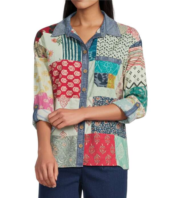 ジョン マーク レディース トップス シャツ プチ プリント John Mark Petite Size Multi Print Patched Point Collar Long Roll-Tab Sleeve Button Frontunic Multi マルチカラー
