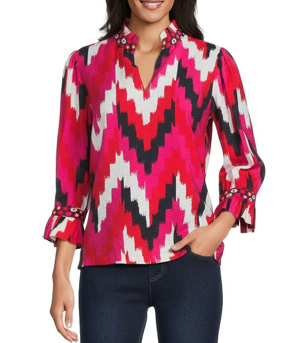 マルチプルズ レディース トップス シャツ プチ プリント フリル Multiples Petite Size Woven Chevron Print Ruffle Stand Collar 3/4 Sleeve Top Multi マルチカラー