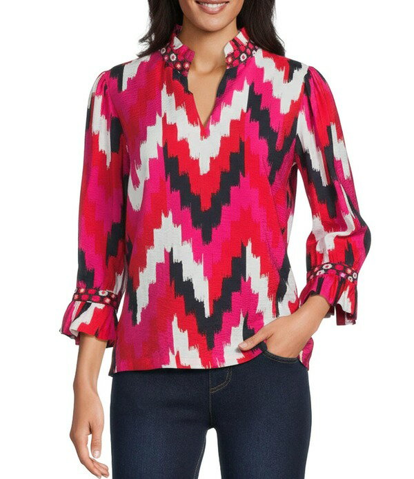 マルチプルズ レディース トップス シャツ プリント フリル Multiples Woven Chevron Print Ruffle Stand Collar 3/4 Sleeve Top Multi マルチカラー