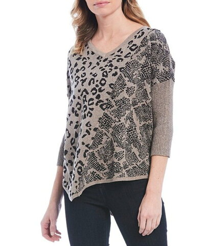 デモクラシー レディース パーカー・スウェット アウター Cheetah Print Metallic Lurex Drop Shoulder Asymmetrical Hem Cotton Blend Sweater Top Taupe