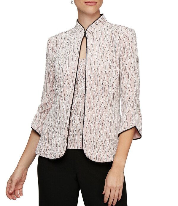 アレックスイブニングス レディース トップス ワンピース プチ ニット ジャージー Alex Evenings Petite Size Glitter Jersey Knit Mandarin Collar 2-Piece Twinset Shell Pink ピンク