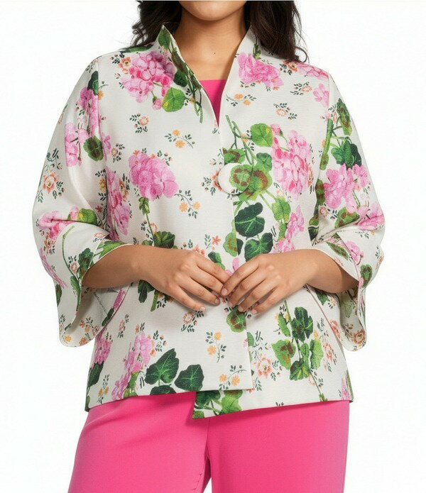 アイシーコレクション レディース アウター コート アシンメトリー フラワー柄 プラスサイズ フラワー ジャケット ICollection Plus Textured Floral Stand Collar Bracelet Sleeve Asymmetrical Jacket Multi マルチカラー