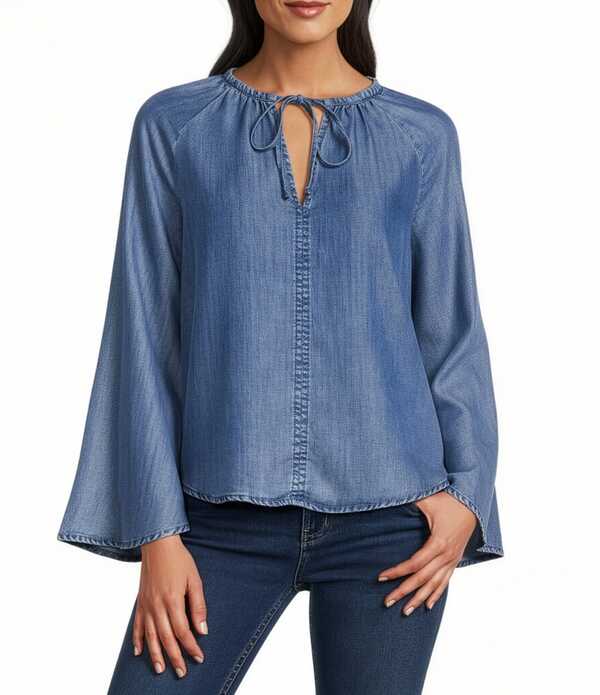 レバ レディース トップス シャツ ブラウス Reba Free Spirit Split Neck Long Sleeve Peasant Blouse Medium Wash