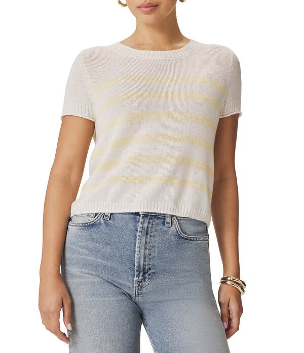スプレンディット レディース アウター ニット・セーター Splendid Emerson Stripe Cashmere Blend Round Neck Short Sleeve Sweater Shell/Honeysuckle ストライプ