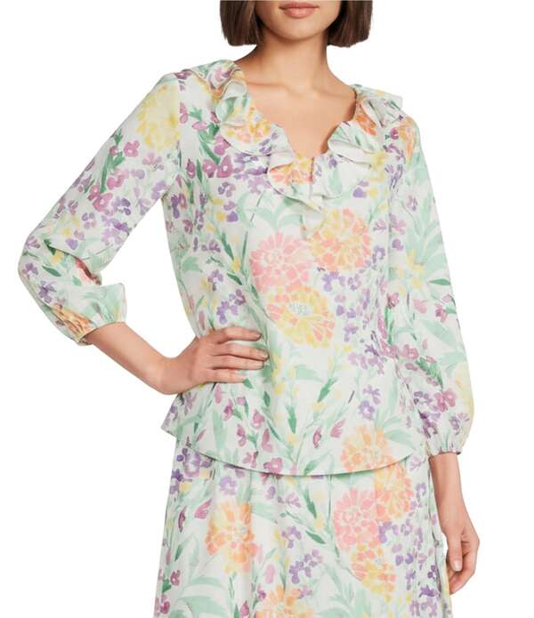 インベストメンツ レディース トップス シャツ Vネック フラワー柄 プリント フリル ブラウス フラワー Investments Floral Print 3/4 Sleeve Ruffle V-Neck Coordinating Blouse Multi Floral マルチカラー