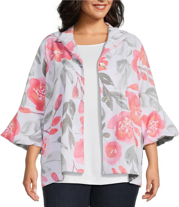 マルチプルズ レディース アウター コート フラワー柄 プラスサイズ フラワー ジャケット Multiples Plusize Textured Floral Wire Collar 3/4 Sleeve Button-Front Jacket Multi マルチカラー
