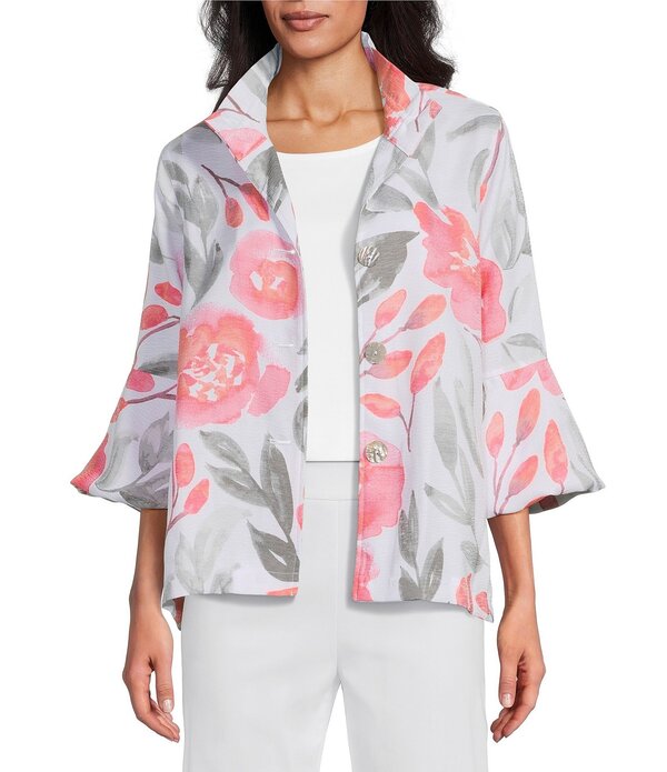 マルチプルズ レディース アウター コート フラワー柄 フラワー ジャケット Multiples Textured Floral Wire Collar 3/4 Sleeve Button-Front Jacket Multi マルチカラー