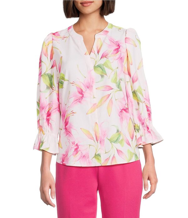 インベストメンツ レディース トップス シャツ ボタンダウン フラワー柄 プリント ダウン ブラウス フラワー Investments Juliexploded Floral Print 3/4 Sleeve Y-Neck Button Down Blousexploded Floral