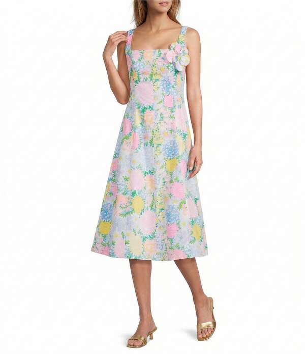 リリーピュリッツァー レディース トップス ワンピース プリント ミディ ノースリーブ Lilly Pulitzer Nelly Stretch Poplin Lilly Garden Print Square Neck Sleeveless Rosette Midi Dress Multi Lilly Garden マルチカラー