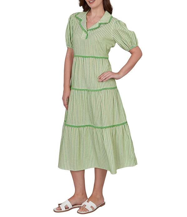 ルビーアールディー レディース トップス ワンピース ティアード ミディ コントラスト Ruby Rd. Yarn-Dyed Textured Stripe Contrastrim Tiered Midi Dresspringreen Multi グリーン
