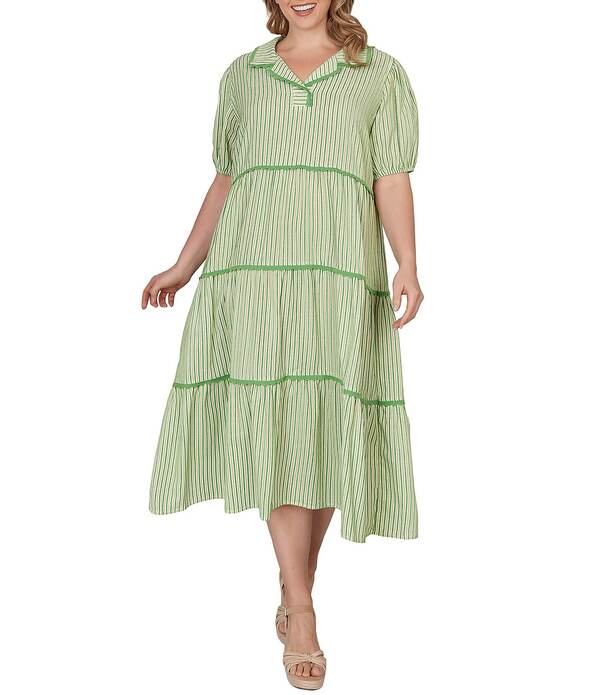 ルビーアールディー レディース トップス ワンピース ティアード プラスサイズ ミディ コントラスト Ruby Rd. Plusize Yarn-Dyed Textured Stripe Contrastrim Tiered Midi Dresspringreen Multi グリーン