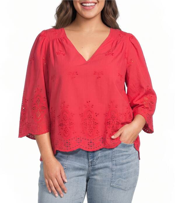 リヴァプール ロサンゼルス レディース トップス シャツ Vネック プラスサイズ コットン 刺繍 Liverpoolos Angeles Plusize Cotton Embroidered Eyelet V-Neck 3/4 Sleeve Scallop Edge Top Cherry Rose