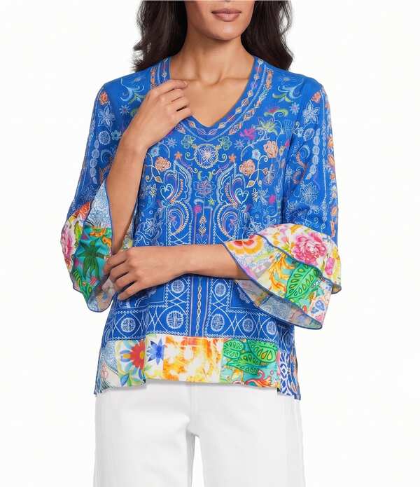 ジョン マーク レディース トップス シャツ Vネック ティアード フラワー柄 フリル 刺繍 フラワー John Mark Embroidered Multi Floral V-Neck 3/4 Ruffle Tiered Sleeve Tunic Multi マルチカラー