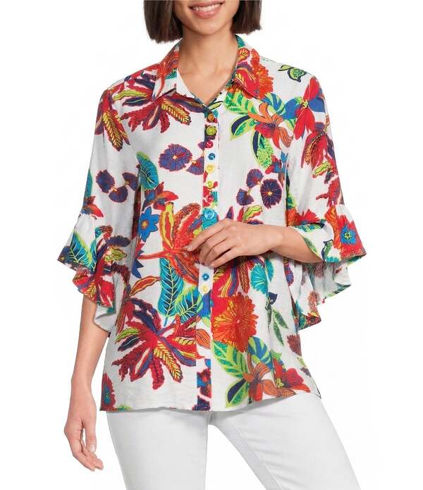 マルチプルズ レディース トップス シャツ フラワー柄 フラワー Multiples Textured Woven Floral Point Collar 3/4 Flounce Sleeve Button Frontunic Multi マルチカラー